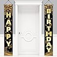 Happy Birthday Decorations Banner for Men Women Boys Girls, Black Gold Birthday Porch Sign Birthday Party Supplies Background for Birthday Party Favor Door Decorations, 72 x 12 Inch