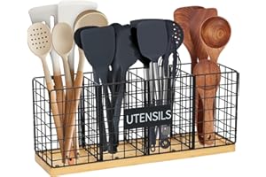 WellSign Kitchen Utensil Holder for Countertop with 4 Compartments, Black Metal Large Cooking Utensil Holder with Bamboo Base, Farmhouse Utensil Organizer for Kitchen Counter or Wall Mounted Storage