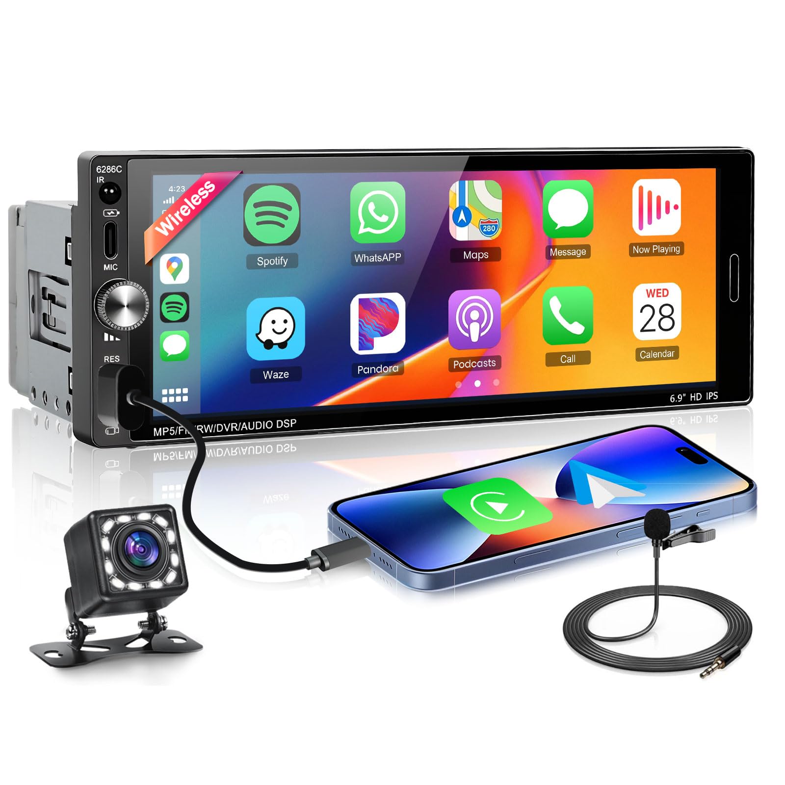 Single Din Car Stereo Wireless Carplay Android Auto, METEESER 6.9 Inch ...