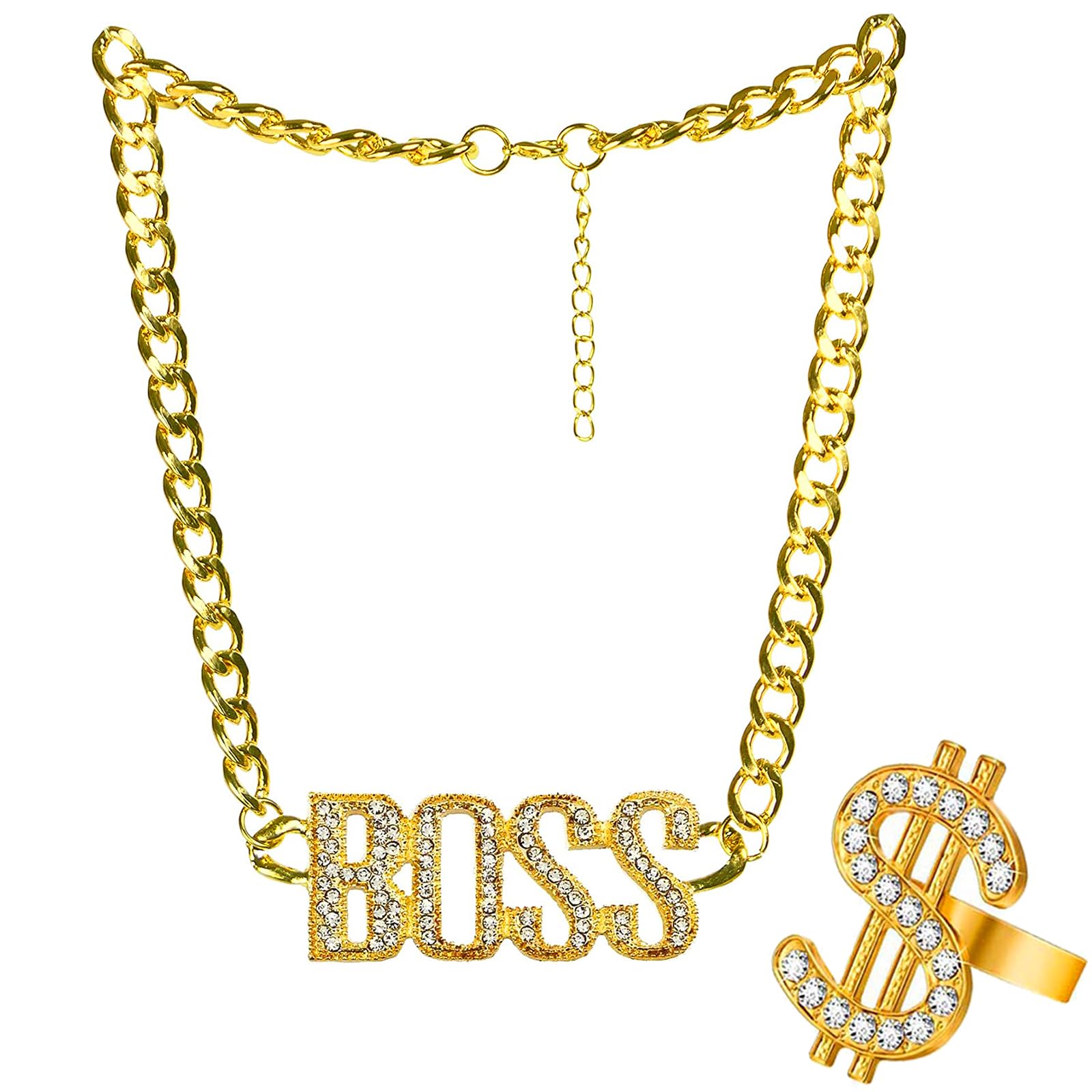 SoundZero Pack of 2 Hip Hop Rapper Accessories, Dollar Sign Necklace Set, Gold Chains Men's Carnival, Hip Hop Costume Gold Chain, Adjustable Length, Dollar Ring, for Unisex, Carnival, Party (Gold),