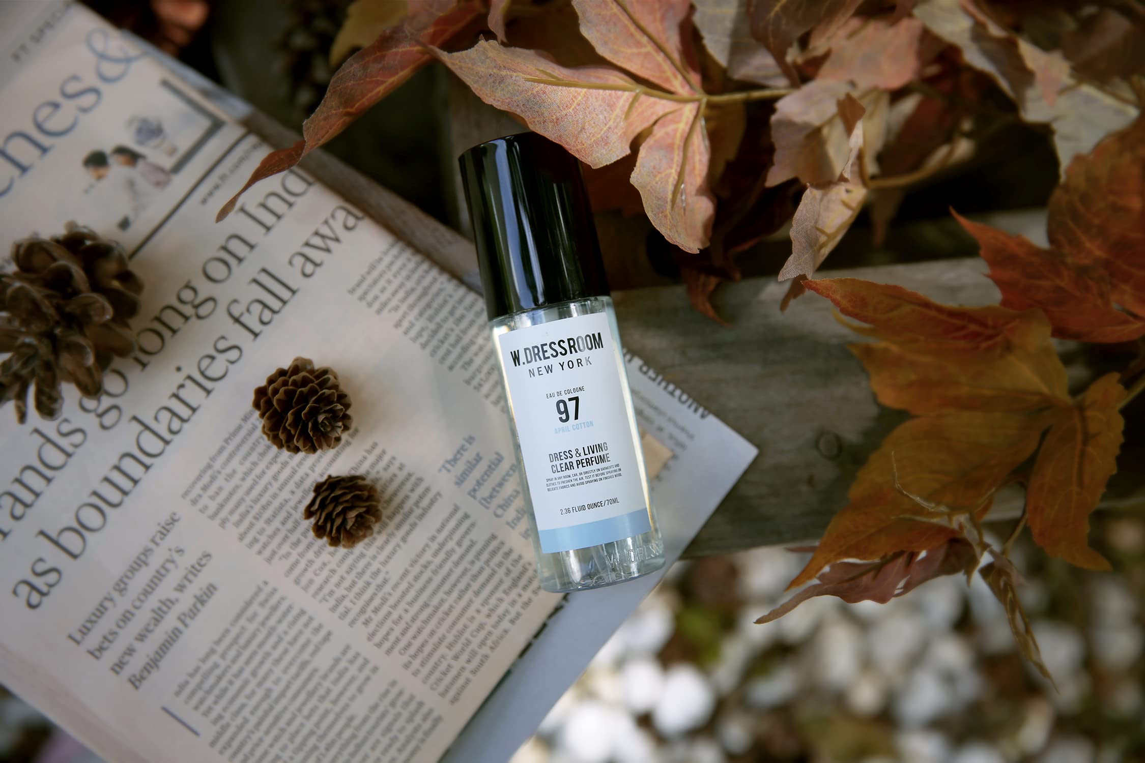 W.Dressroom No.97 April Cotton Living Clear Perfume, Body Mist & Fabric Spray Deodorizer, Alcohol-Free Water-Based, Odor Neutralizer for Clothes, Bedding & Room, Travel Size 2.36 oz