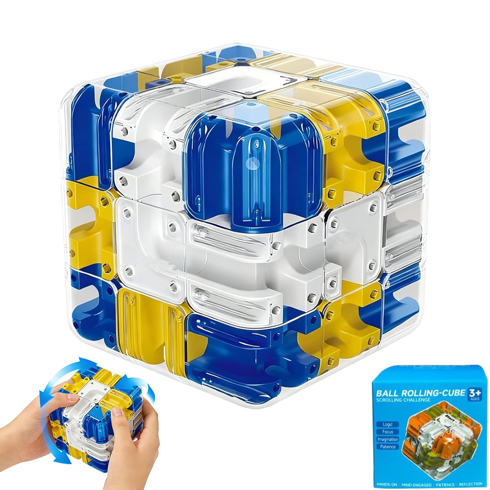 3D Rolling Ball Maze Cube, Marble Labyrinth Cube, 3D Labyrinth Puzzle Cube, Spatial Awareness Brain Training Educational Focus Game Gift for Adults Teens Kids (Yellow & Blue)
