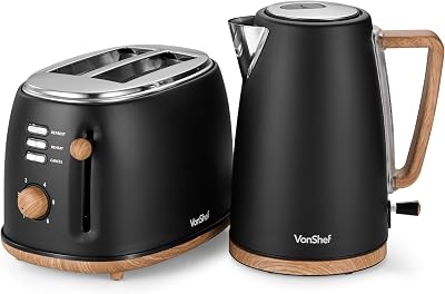 VonShef Fika Kettle and Toaster Set Nordic Cream Wood 1.7L 2 Slice 6 Browning