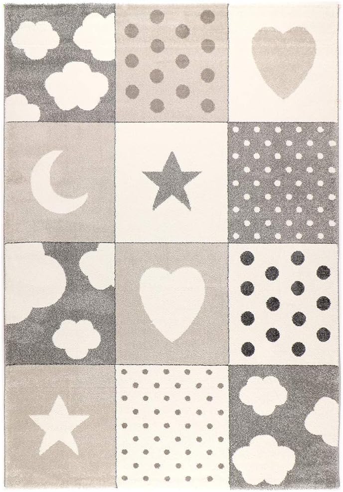 havatex Kids Rug Check Mix - Pink Blue or Gray | Patchwork Design with Stars Hearts Dots Clouds | Oeko-Tex seal | for Children Nursery Baby Room, Colour:Grey, Size:120 x 170 cm