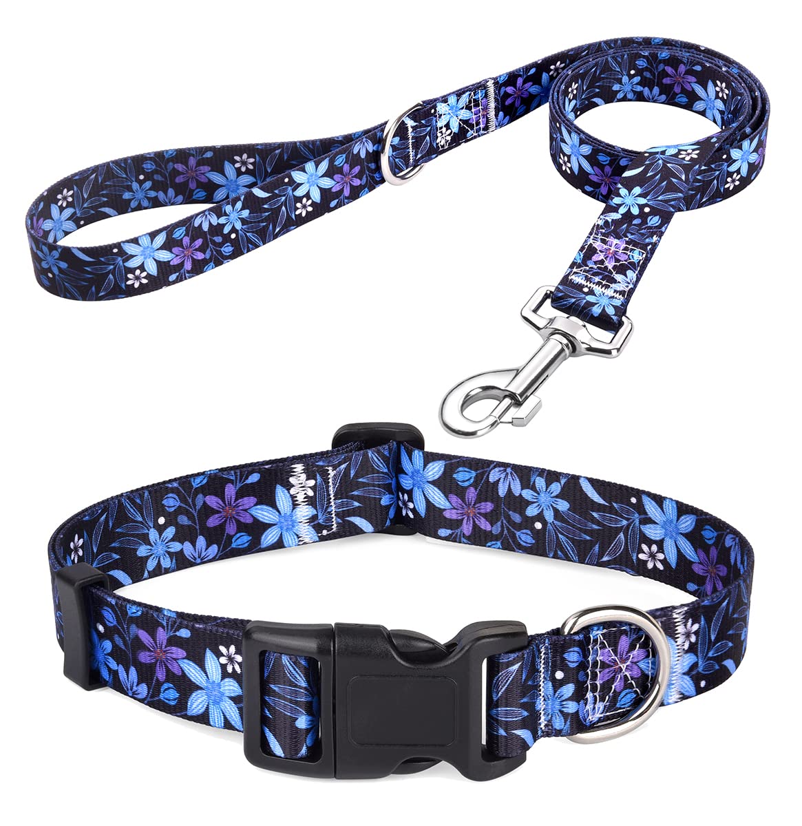 Mihqy Dog Collar and Lead Set with Bohemia Floral Tribal Geometric Patterns - Soft Ethnic Style Collar Adjustable for Small Medium Large Dogs(Blue Floral Set,L) — image 1