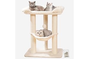 Happi N Pets 28" Large Cat Tree Tower for Indoor Cats, Cat Scratch Post with Large Bed for Maine Coon Big Cats, Sisal Cat Scratcher with Soft Perch & Hammock, Stable Cat Stand, Removable Cover-Beige