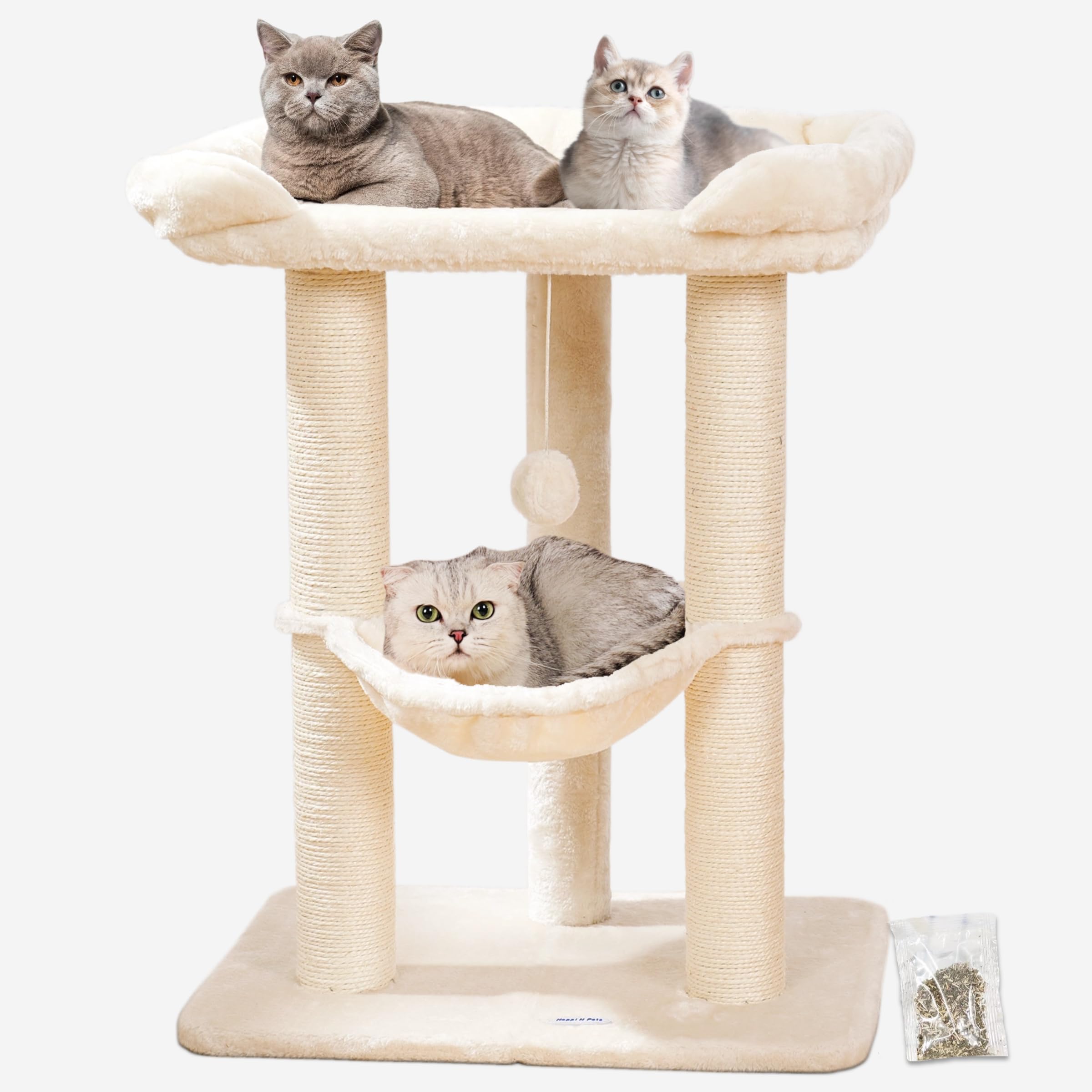 Photo 1 of Happi N Pets 28" Large Cat Tree Tower for Indoor Cats, Cat Scratch Post with Large Bed for Maine Coon Big Cats, Sisal Cat Scratcher with Soft Perch & Hammock, Stable Cat Stand, Removable Cover-Beige