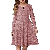 YOVION Girls Fall Long Sleeve Crew Neck Button Down Casual Flared A-Line Ribbed Knit Dress with Pockets for 6-12 Y