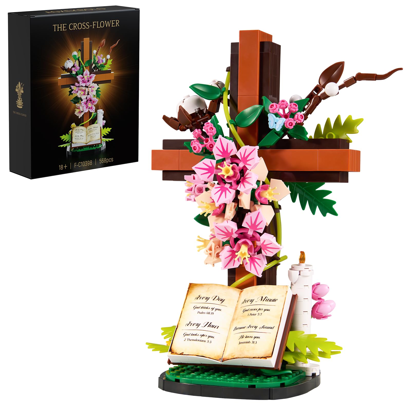 Jesus Cross Flower Building Set, Religious Cross Collectibles Compatible with Lego Jesus Pink Catholic Building Toys,Christian, Gift for Mother Day, Women or Adults (568 PCS)