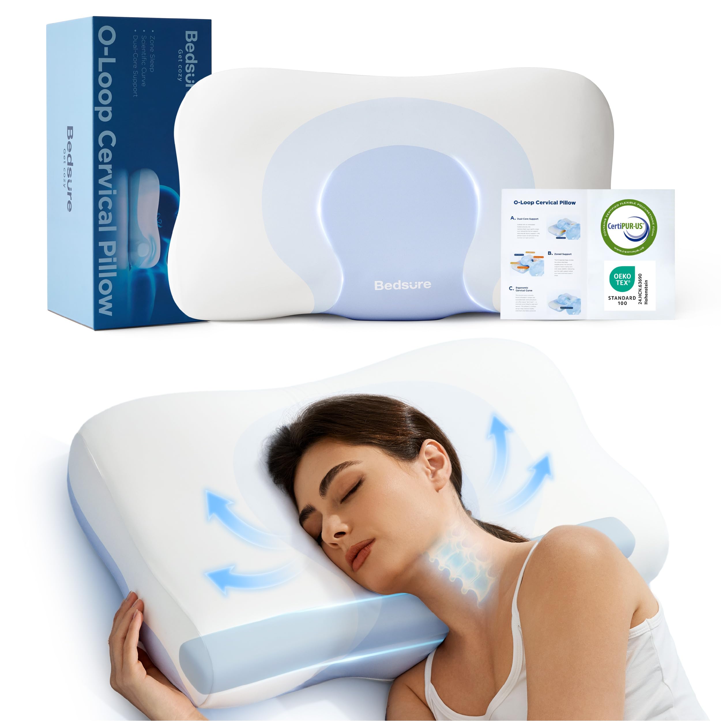 Photo 1 of Bedsure Cervical Neck Pillow - Ergonomic Pillows for Deep Sleep, Memory Foam Pillows for Side & Back Sleepers, Orthopedic Cervical Pillow Shape Gently Cradles Head & Neck Support, Shoulder Pain Relief
