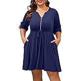 Manllenshie Womens Plus Size Dress Casual Long Sleeves Zipper V Neck Tie Waist Flowy Loose Midi Dresses with Pockets (Navy Blue,XL)