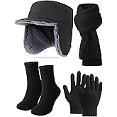 4 Pcs Winter Hat Scarf Glove Sock Set for Men Waterproof Plush Adjustable Earflaps Cap Glove Warm Scarf Sock for Men Women Outdoor