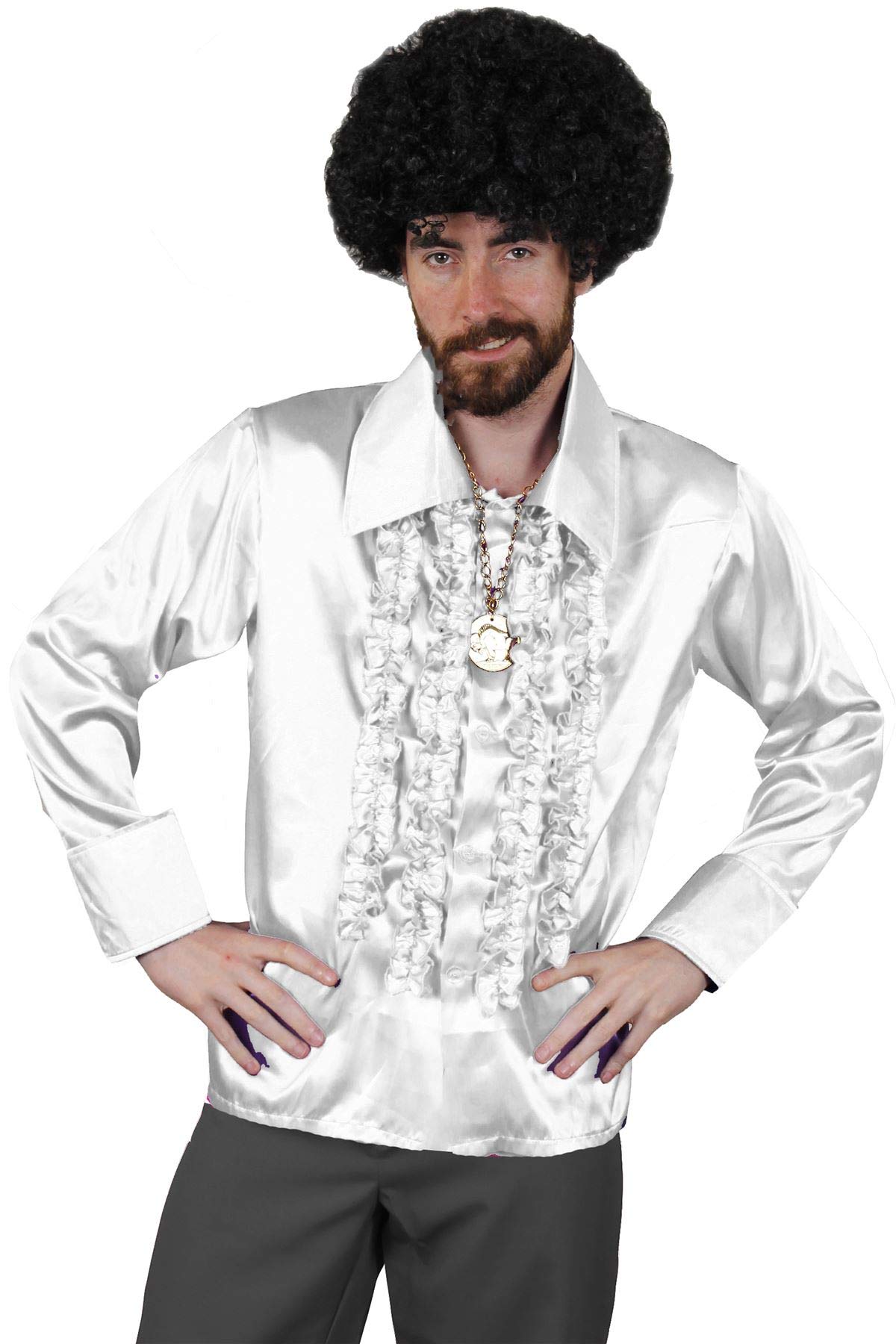 I Love Fancy Dress ILFD4604M White Disco Shirt Mens Deluxe Disco Ruffle Shirt 1970's Disco King Fancy dress M