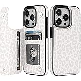 HAOPINSH iPhone 15 Pro Case Wallet with Card Holder, White Leopard Cheetah Pattern PU Leather Kickstand Case for Women, Double Magnetic Clasp, 6.1"