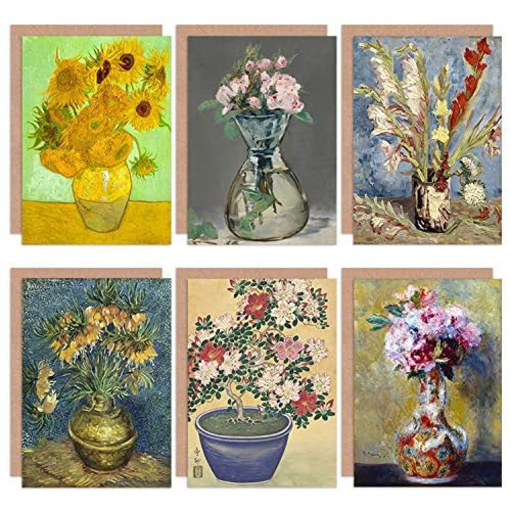 Artery8 Renoir Koson Van Gogh Manet Sunflowers Bouquet Vase Mixed Fine Art Greeting Card Pack of 6