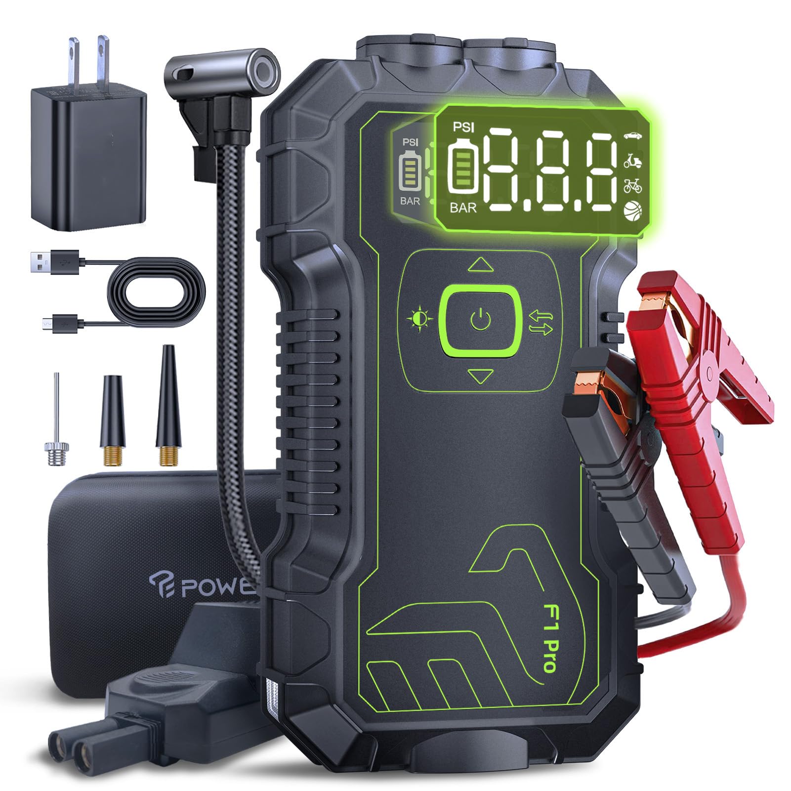 Photo 1 of Powerfar Car Battery Jump Starter with Air Compressor 160PSI,4500A Portable Jump Starter Battery Pack (9L Gas/8L Diesel),12V Starter Jump Box,Type C Fast Charging,Jumper Cable,180° Lights