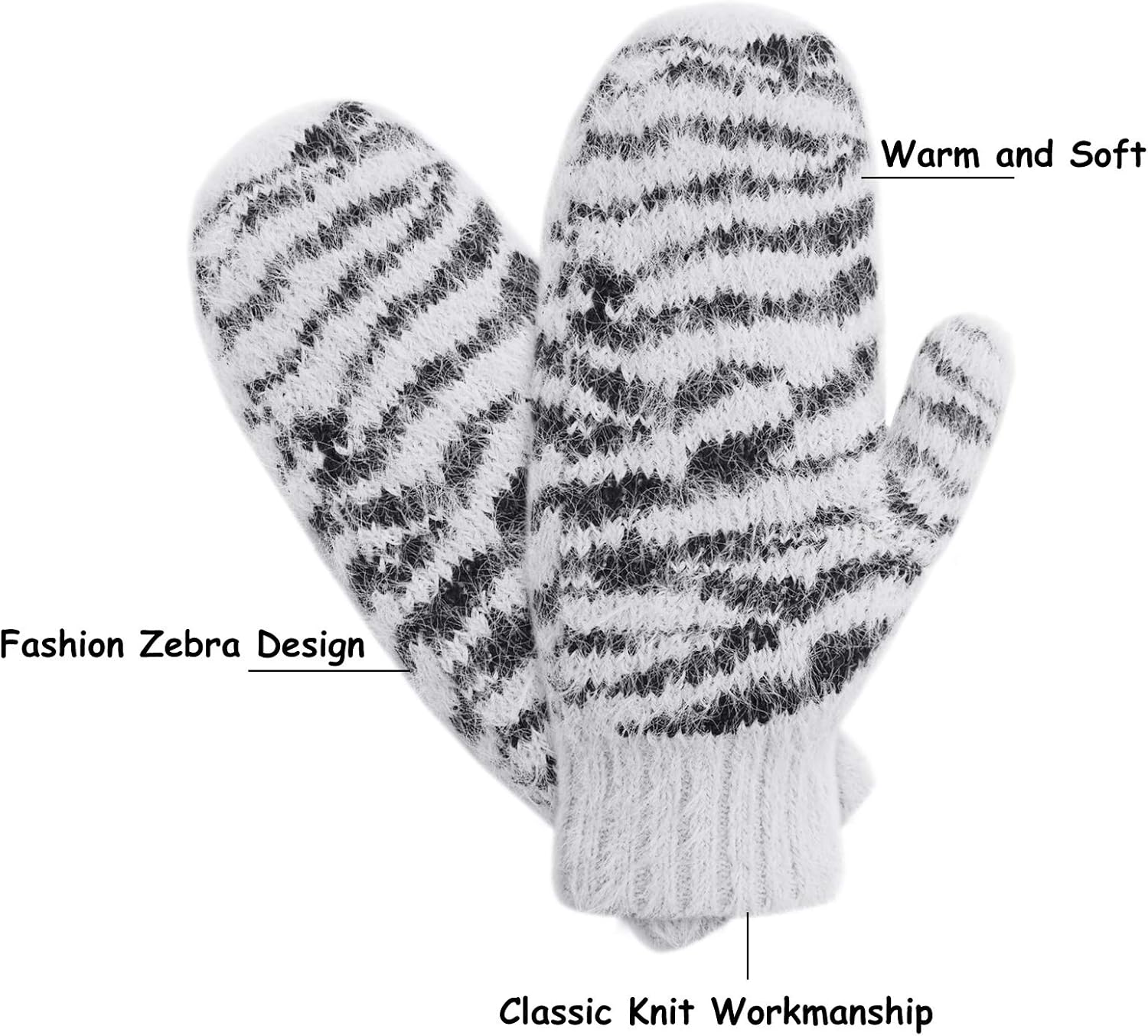 Zenssia Women's Soft and Warm Knitted Plush Fleece Winter Mittens with Unique Zebra-Striped Pattern-White at  Women’s Clothing store