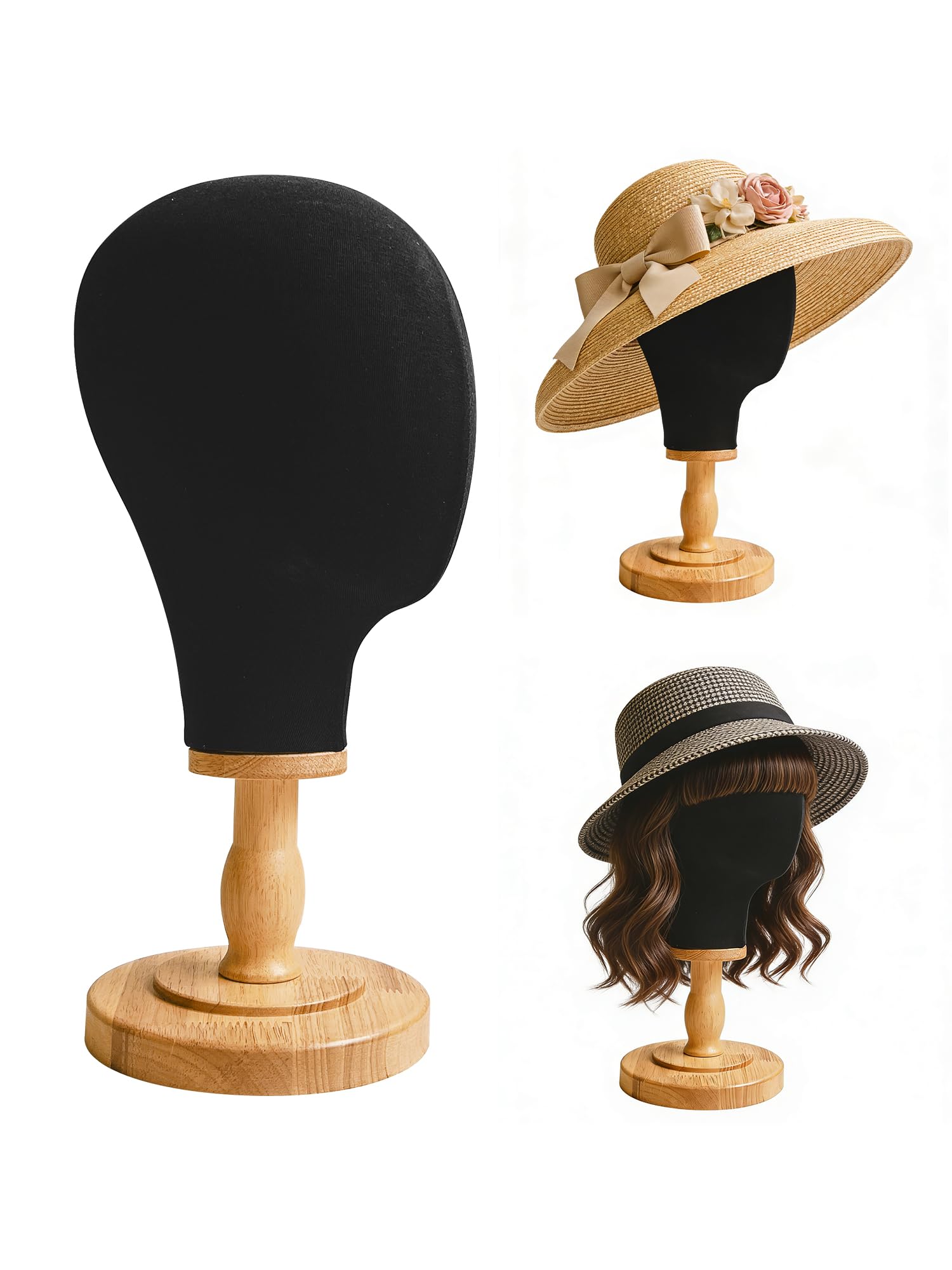 TINGSING 21" Wig Head Stand, Black Mannequin Head Hat Display Stand Wig Holder Dome Canvas + Detachable Wood Stand, Hats Caps Display Canvas Block Mannequin Head Model