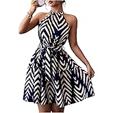 winkbay Women's Summer Halter Mini Dress Ruffle Belted A Line Flowy Dresses Beach Vacation Clothes