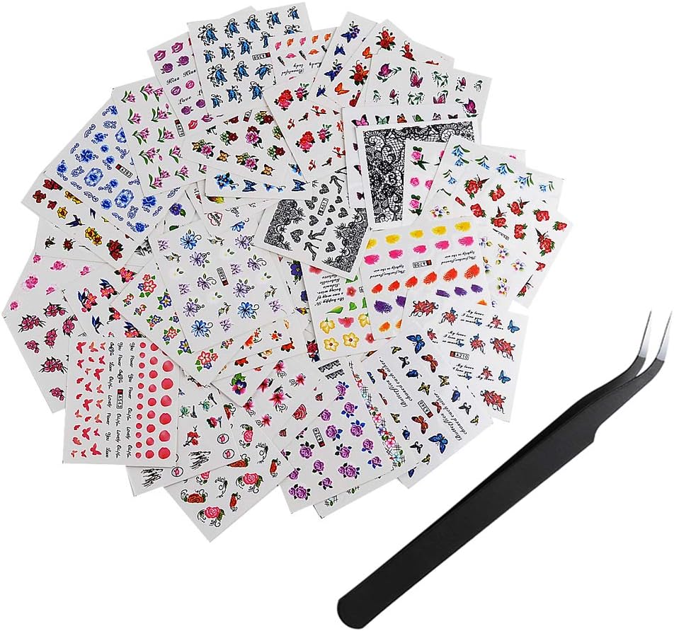 INHDBOX 50×Nail Decals,Nail Art Water Transfer Sticker Decal-butterfly, flower, heart ect (different patterns)