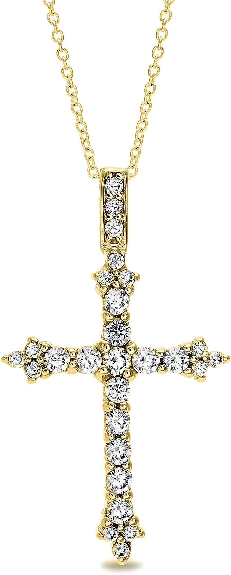 Sterling Silver Round Cubic Zirconia Fleurette Cross Necklace for Women
