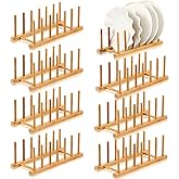 Yinkin 8 Pcs Bamboo Wooden Plate Rack Dish Drying Rack Wood Pot Lid Holder Stand Kitchen Cabinet Organizer for Bowl Cup Cutting Board
