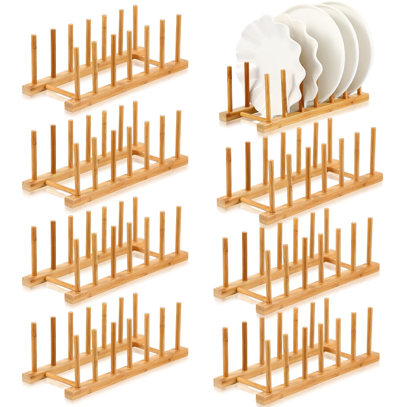 Photo 1 of Yinkin 8 Pcs Bamboo Wooden Plate Rack Dish Drying Rack Wood Pot Lid Holder Stand Kitchen Cabinet Organizer for Bowl Cup Cutting Board
