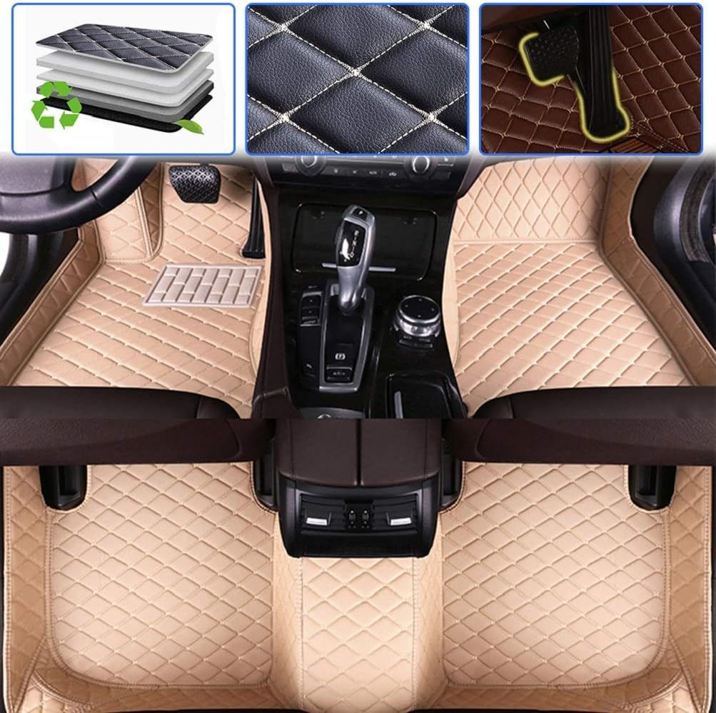 Custom Car Floor Mats for Toyota Land Cruiser 100 2002-2008 Luxury Leather Waterproof Anti-Skid Full Coverage Liner Front ＆ Rear Mat/Set (Beige)