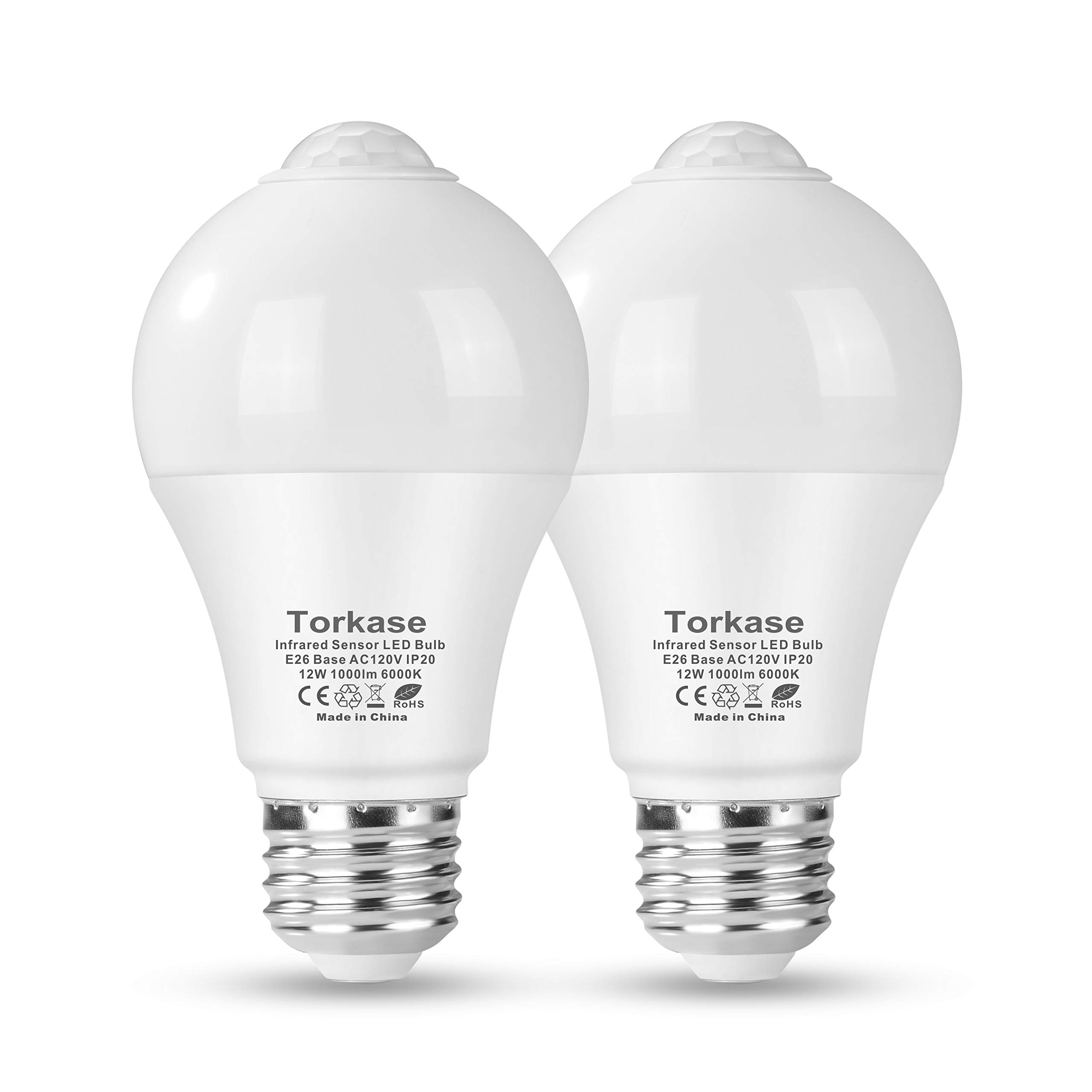 Torkase 12W Motion Sensor Light Bulb, Built-in Infrared Sensor and Light Sensor, Dusk to Dawn, Plug and Play, Auto on/off, 95% Energy Saving, A19/120V for Porch Garage Stair Yard (Cool White-2PACK)