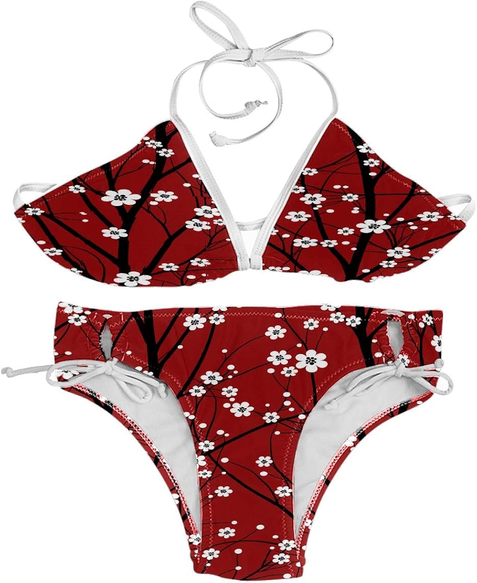 Japanese Cherry Red Blossom Floral Sexy Bikinis for Women Halter Thong