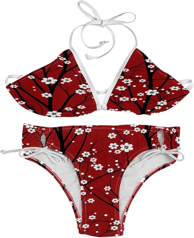 Japanese Cherry Red Blossom Floral Sexy Bikinis for Women Halter Thong