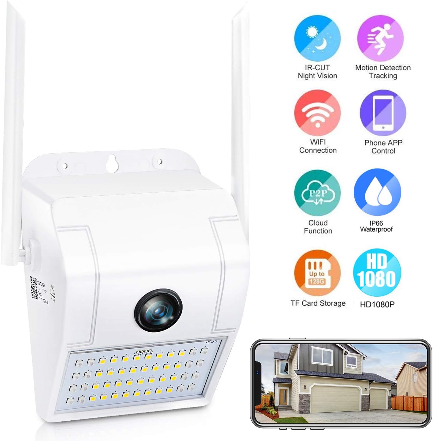 FHD Outdoor Security Camera with Light, IP65 Waterproof Floodlight Camera, Two-Way Talk,Zone Alarm, Color & Infrared Night Vision, Plug-in 110V to 12V Power Adapter, Not Battery Powered