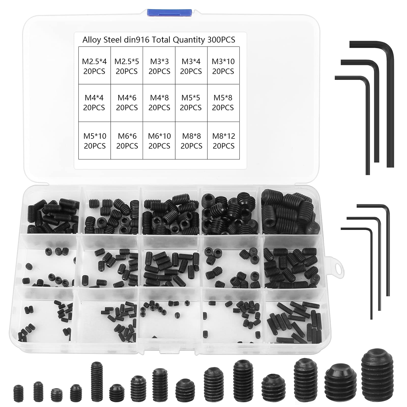 300 Pieces Grub Screws Assorted, Alloy Carbon Steel Hex Grub Screws M2.5 M3 M4 M5 M6 M8 Metric Cup Point Grub Screws with 6 Pieces Alley Keys for Home Industry