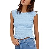 Women Tank top Summer Smocked Tops Cap Sleeve Ruffle Hem Shirred Shirt Y2k Going Out Tops Vacation Beach Outfits