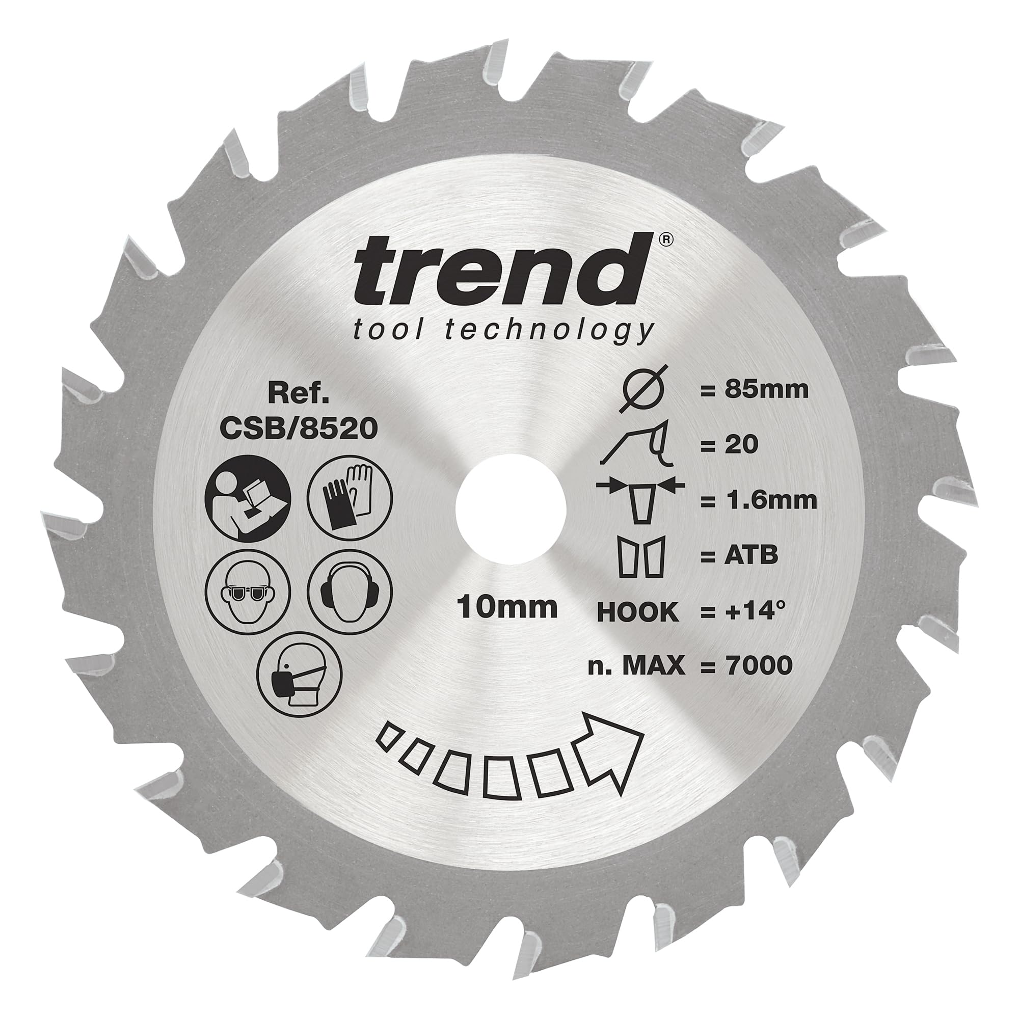 Trend Wood Circular Saw Blade, 85mm Diameter, 10mm Bore, 20 Teeth, 1.6mm Kerf, +14° Hook, TCT, Fine Finish, CSB/8520