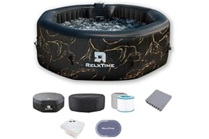 RELXTIME 4-6 Person Inflatable Hot Tub Spa Octagon, Outdoor Portable Blow Up Hottub 130 Air Jets with Energy Efficient Cover, Built in Heater Pump, Cup Holder, 2 Filters, Black