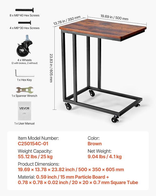 Mesa de cabeceira em forma de C, mesa de centro em C de 500 x 350 x 605 mm com estrutura e rodas metálicas, mobiliário para portátil para sala de estar, quarto, escritório, castanho e preto
