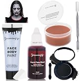 Paminify Halloween Zombie Makeup Kit,Zombie Grey Blue Face Body Paint+Black Eyeshadow+Washable Dripping Fake Blood+Scar Wax with Spatula+Sponge,Light Gray Face Painting SFX All in One Makeup Kit