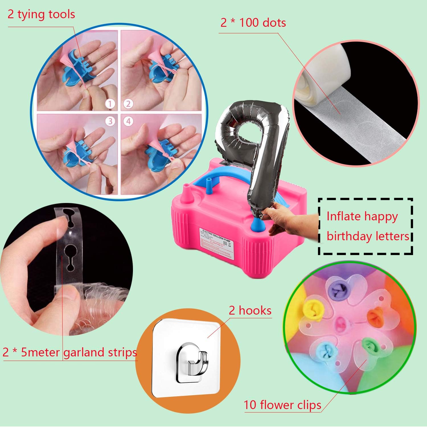 214 Pcs Balloon Pump Set- Electric Air Balloon Blower Pump, Balloon Inflator 110V 600W Portable Dual Nozzles - Balloon Decorating Strip Kit for Arch Garland + 32Ft Balloon Tape Strip, 2 Tying Tool, 200 Dot Glue, 10 Ballon Flower Clip, 3 Rolls Colored Ribbon for Party Wedding Birthday Xmas Baby Shower DIY: Toys & Games