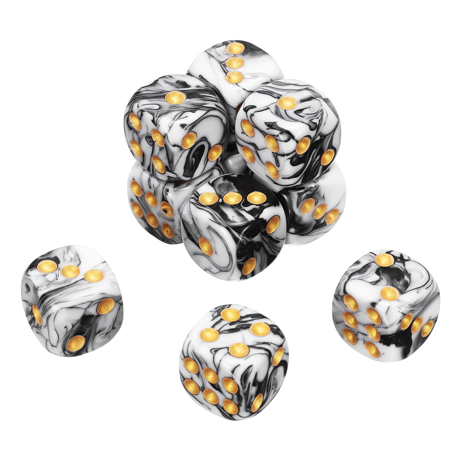 sourcing map 10Pcs 6 Sided Colored Standard Dice, 16mm Acrylic D6 Mini Polyhedral Pearl Pattern Two Tone Colors Game Dice Set for Table Games, Black/White, Gold Point