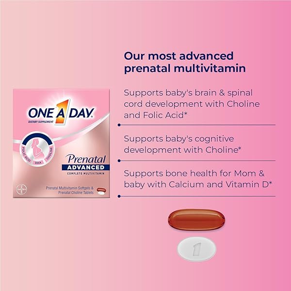 ONE A DAY PRENATAL ADVANCED- PRENATAL VITAMINS WITH FOLIC ACID, CHOLINE, DHA & IRON, PREGNANCY VITAMINS FOR WOMEN TO SUPPORT BABY’S DEVELOPMENT, 30+30 CT (60 TOTAL SET) (PACKAGING MAY VARY)