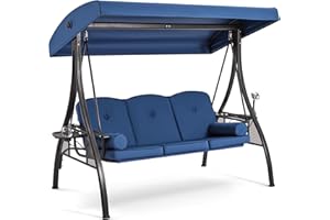 HOMREST 3 Seat Outdoor Porch Swing,Adjustable Canopy Porch Swings,Outdoor Swing with Stand, Patio Glider Chair with Thicken Cushions,Pillow & Cup Holder(Blue)