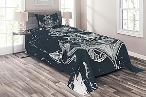 Ambesonne Marine Coverlet, Nautical Knot Compass Anchor Pattern Sea World Ocean Life Grunge Illustration, 2 Piece Decorative Quilted Bedspread Set with 1 Pillow Sham, Twin Size, Blue White