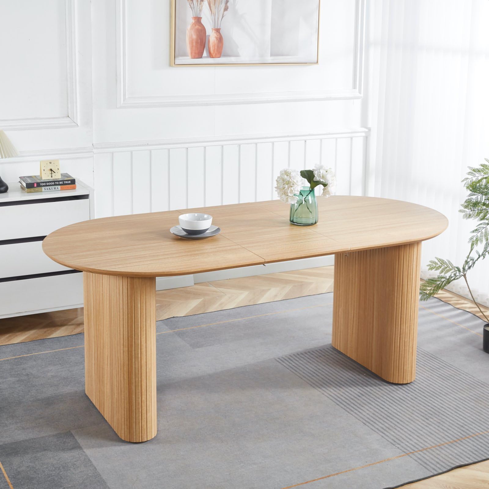 Photo 1 of ******MISSING TABLE LEGS******Ball & Cast 59.06"-90.55" Extendable Dining Table for 4-6,Modern Kitchen Oval Dinner Table with Removable Leaves Space Saving,Dining Room Table with Wood Strip Base for Kitchen Living Room,Oak
