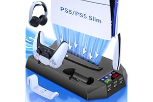 HOLLABUDZ PS5 Slim Cooling Station with Controller Charging Station for PlayStation 5 Console Slim&Standard Disc/Digital, PS5 Cooling Stand Accessories with Cooler Fan/3 USB Hubs/Media&Headset Holder - Black