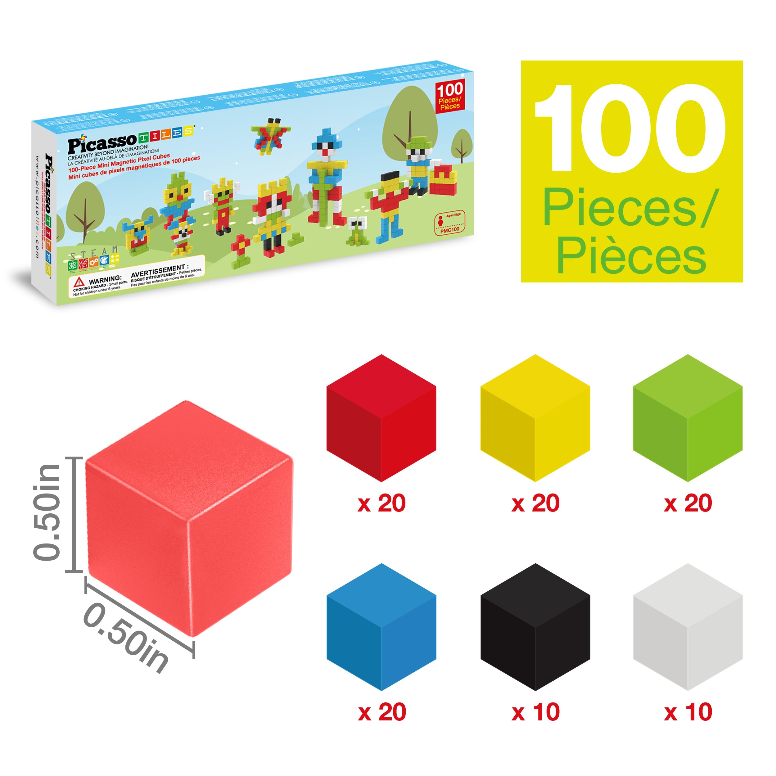 PicassoTiles 100pcs 0.5” Pixel Magnetic Puzzle Cube Mix & Match Cubes Sensory Toys STEAM Education Learning Building Block Magnets Children Construction Toy Set Stacking Magnet Creative Kit PMC100