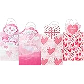 qiqee Valentine Paper Bags with Handles Bulk 24PCS 8.3"x6"x3.15" Heart Pink Gift Bags 4 Different Designs Bags Multiple Uses (Small Size)