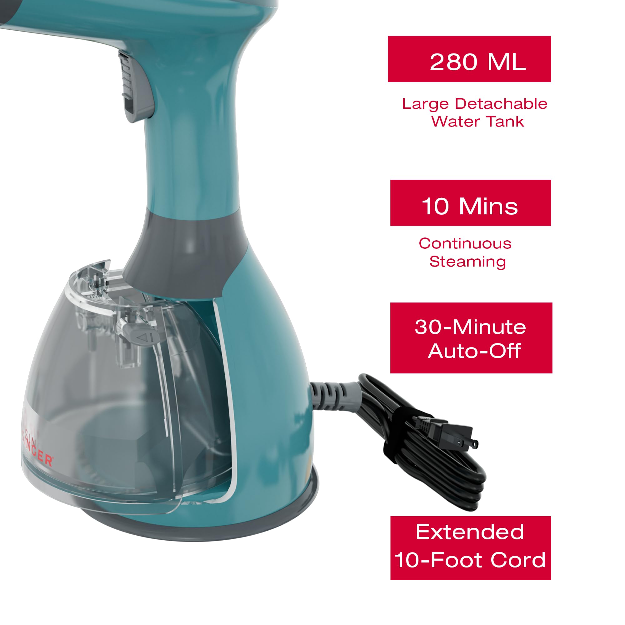 SINGER Handheld Garment Steamer | 1500W Powerful Steam | 20s Fast Heat-Up | 280ML Detachable Tank | Auto Shut-Off | Professional Wrinkle Remover for Clothes, Curtains & Upholstery