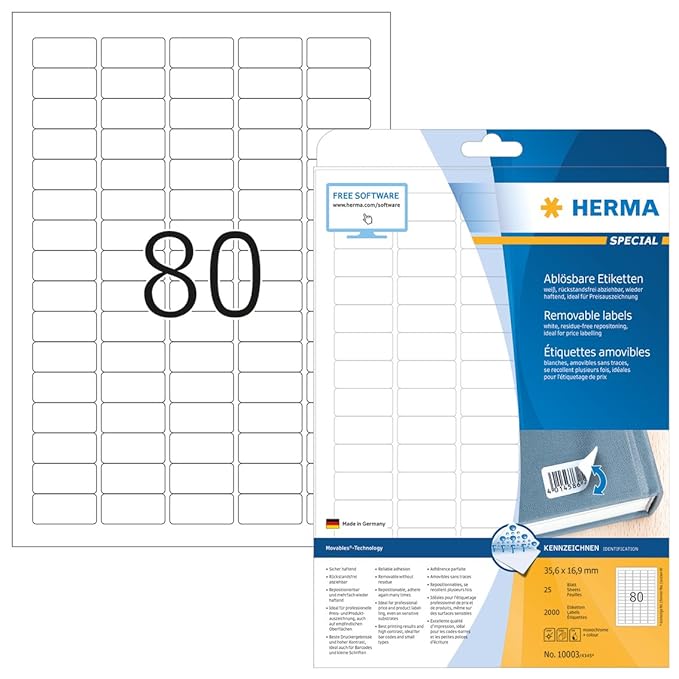 Herma 10003 Preisetiketten ablösbar, wieder haftend (35,6 x 16,9 mm) weiß, 2.000 Preisaufkleber, 25 Blatt DIN A4 Papier matt,