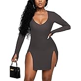 Rooscier Women's V Neck Long Sleeve Side Split Sexy Bodycon Cocktail Mini Dress